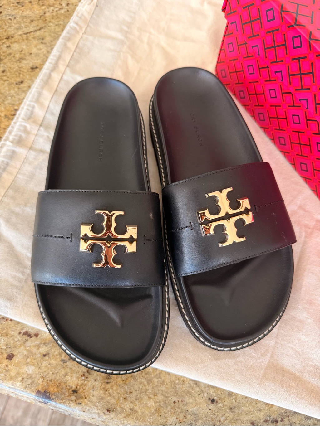 Tory Burch Black Leather Logo Espadrille Flats